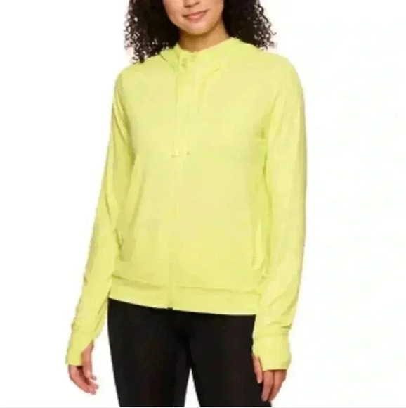 ❤️ Head Hoodie Cool Down Lightweight Large Bright Yellow Stretch Zip Active Top - Picture 1 of 15